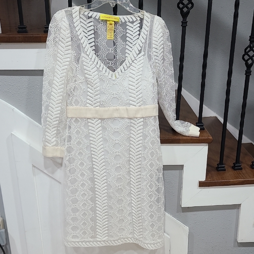 Catherine Malandrino White Crochet Lace V-Neck Long Sleeve Dress